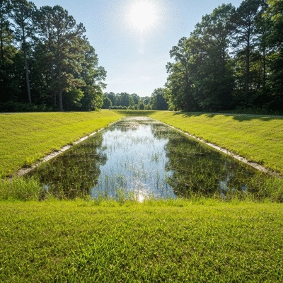Well-maintained detention basin with neatly mowed vegetation
