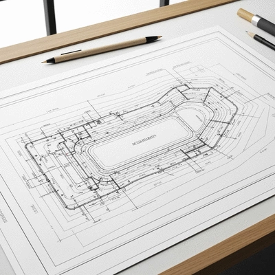 Detailed blueprint or technical drawing of a detention basin design with flow paths and outlet structures, no text, no words, no typography, clean image