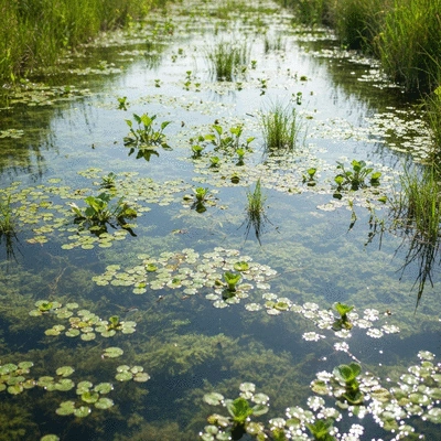 Lush wet detention basin with clear water, aquatic plants, and a healthy ecosystem, no text, no words, no typography
