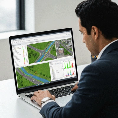 Engineer working on stormwater modeling software on a computer, showing complex hydrological data visualizations, no text, no words, no typography, clean image