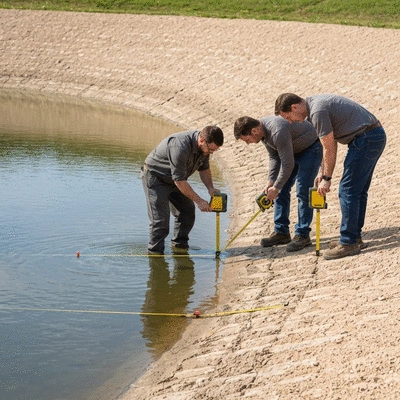Engineers inspecting a detention pond with measurement tools, showing diligent monitoring, no text, no words, no typography, 8K, natural lighting