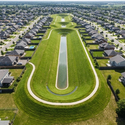 Aerial view of a well-designed detention basin in a suburban landscape, no text, no words, no typography, clean image