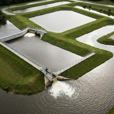 Aerial view of a detention basin during a storm event, showing water being temporarily held and slowly released