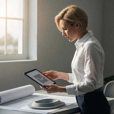Environmental engineer reviewing detention basin designs on a tablet, with a blueprint and a small model of a basin on a desk