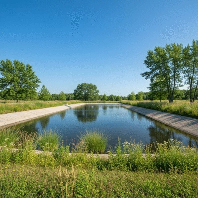 Clean and well-maintained detention basin with healthy vegetation