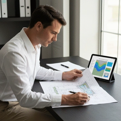 Engineer reviewing blueprints for a detention basin with a tablet displaying hydrological data