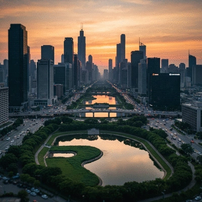 Aerial view of a detention basin with green vegetation and water, blending into an urban landscape