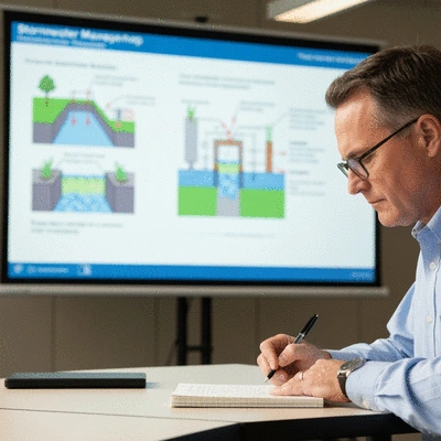 Professional attending a stormwater management workshop, taking notes, with a presentation screen in the background