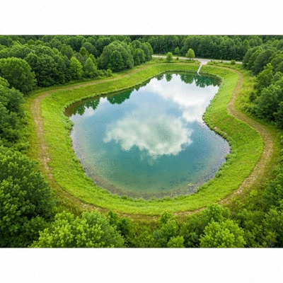 Aerial view of a well-designed detention basin with clear water and green vegetation, showcasing effective stormwater management