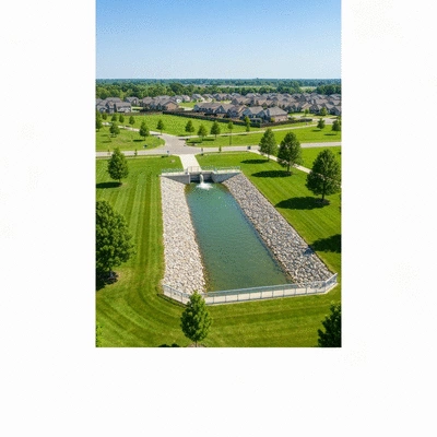 Aerial view of a detention basin with water flowing through it, surrounded by green landscape