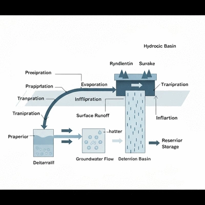 Detailed diagram of the hydrologic cycle with emphasis on detention basins