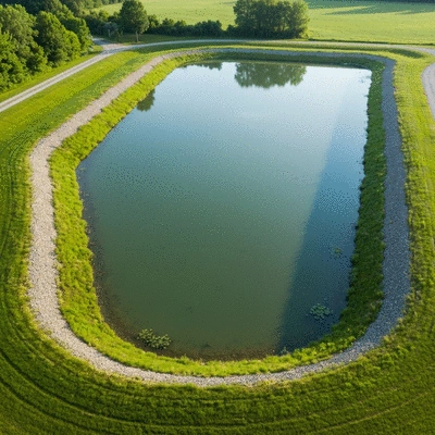 Aerial view of a well-maintained detention pond with green surroundings and clear water, no text, no words, no typography, 8K, natural lighting