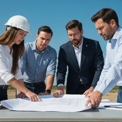 Engineers and local government officials reviewing a detention basin blueprint