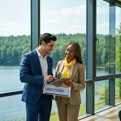 Engineers reviewing plans for a detention basin on a tablet, with a construction site in the background