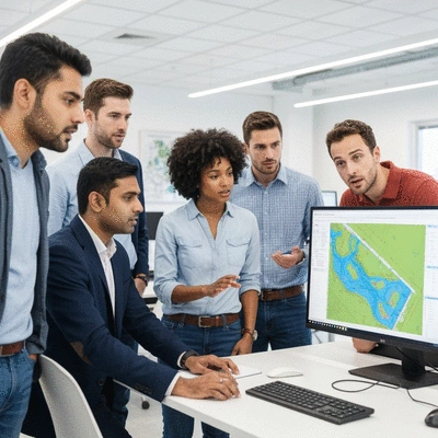 Team of engineers and environmental scientists collaborating on a detention basin design using a large monitor