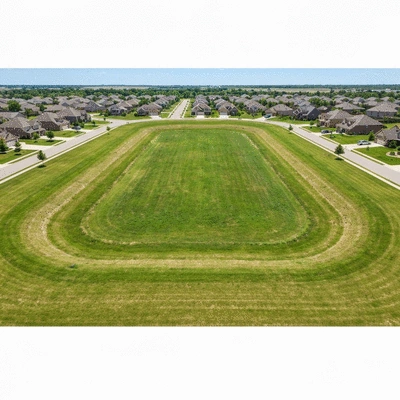 Aerial view of a dry detention basin with green grass, no water, surrounded by suburban houses